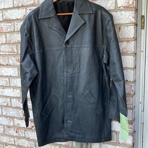 Mens real leather distressed black car coat lined in satin